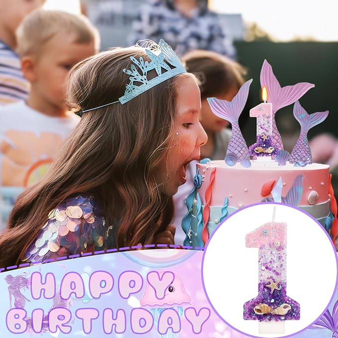 Purple Mermaid Party Number 1 Cake Candles, 2.76 inch Birthday Candle, Cake Topper Decoration for Birthday Party (Number 1)