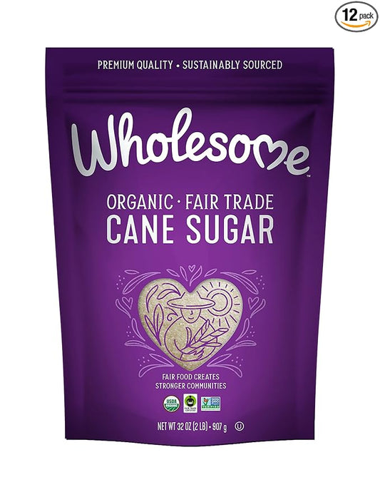 Wholesome Sweeteners 32-Ounce Organic Cane Sugar, Fair Trade, Non GMO, Gluten Free, Pure & Vegan, for Baking and Sweetening, 12 Pack