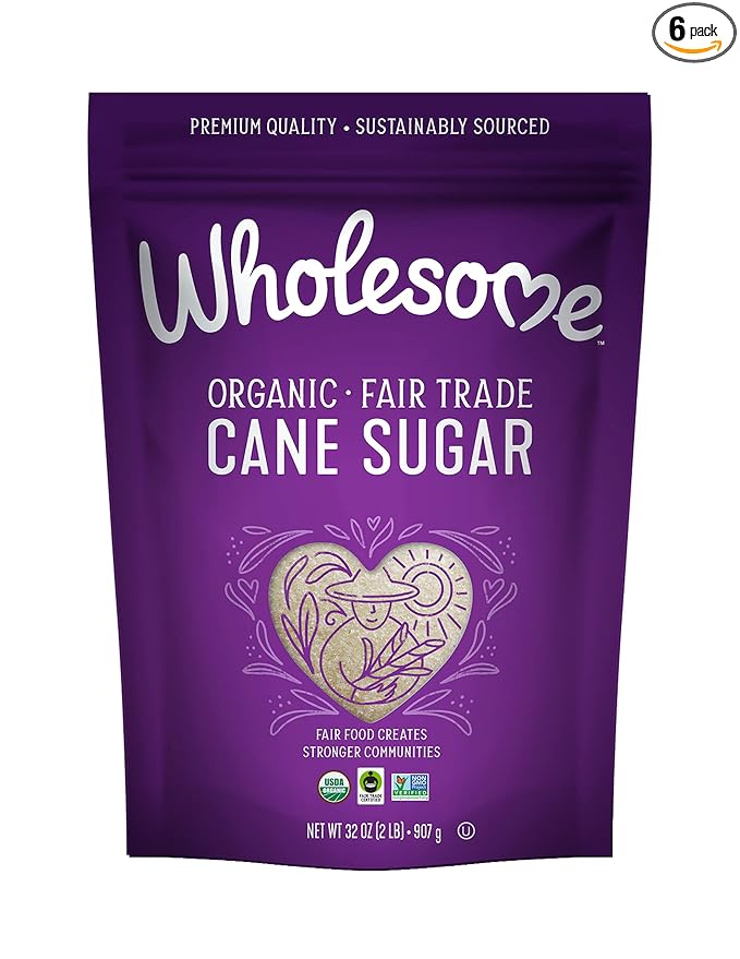Wholesome Sweeteners 32-Ounce Organic Cane Sugar, Fair Trade, Non GMO, Gluten Free, Pure & Vegan, for Baking and Sweetening, 6 Pack
