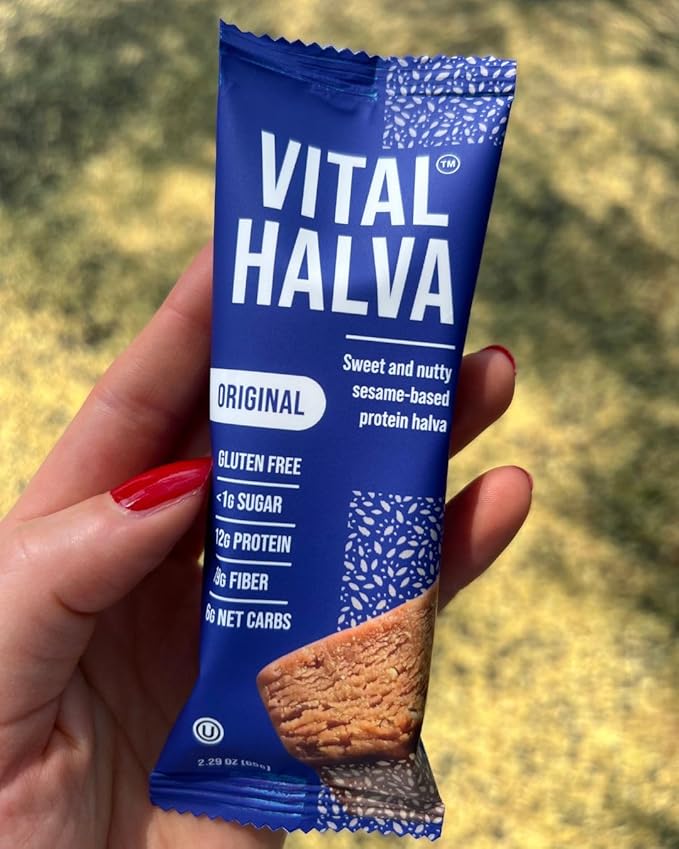 Vital Halva - Original - Sesame Butter Protein Bar (10 Bars, 65g each), Gluten Free, High Fiber, Low Sugar Snack, 12g Protein, 6 Net Carbs