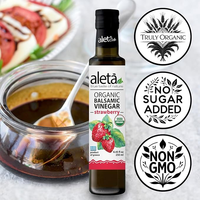 Aleta Farms Balsamic Vinegar, Greek Organic Strawberry Infused Aged Balsamic Vinegar, USDA Organic, Perfect for Salad Dressings, Pasta, Desserts & Cocktails, Glass Bottle, 8.45 fl oz (Strawberry)