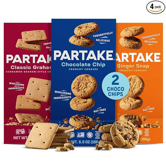 Partake Gluten Free Crunchy Cookies Variety Pack (Chocolate Chip, Ginger Snap, Graham Cracker) - Vegan - Free From the Top 9 Allergens Including Dairy, Wheat, Soy, Eggs, & Peanuts - Non GMO - Safe School & Office Snack (4 Pack, 5.5oz Boxes)