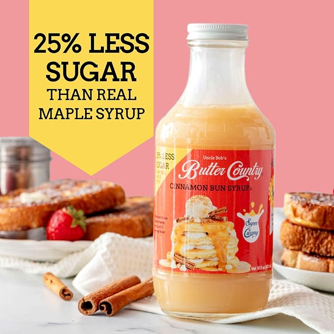 Uncle Bob's Butter Country Rich & Creamy Cinnamon Bun Flavored Buttermilk Syrup for Pancakes, Waffles, French Toast, & More, No Corn Syrup, Gluten Free, 16 fl oz Bottle/4 Pack