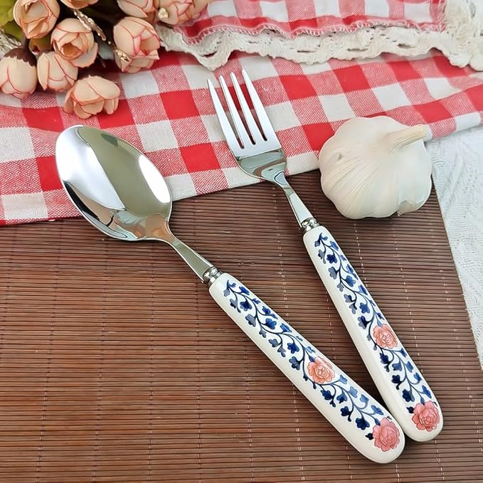 20cm 8inch Dinner Fork Soup Spoon 18-10 Stainless Steel Mirror Smooth Polished Ceramic Handle,Peony Pastoral Whisper Style Table Forks, SUS304 Steak Fork (1 PCS Fork+1 PCS Spoon Peony)