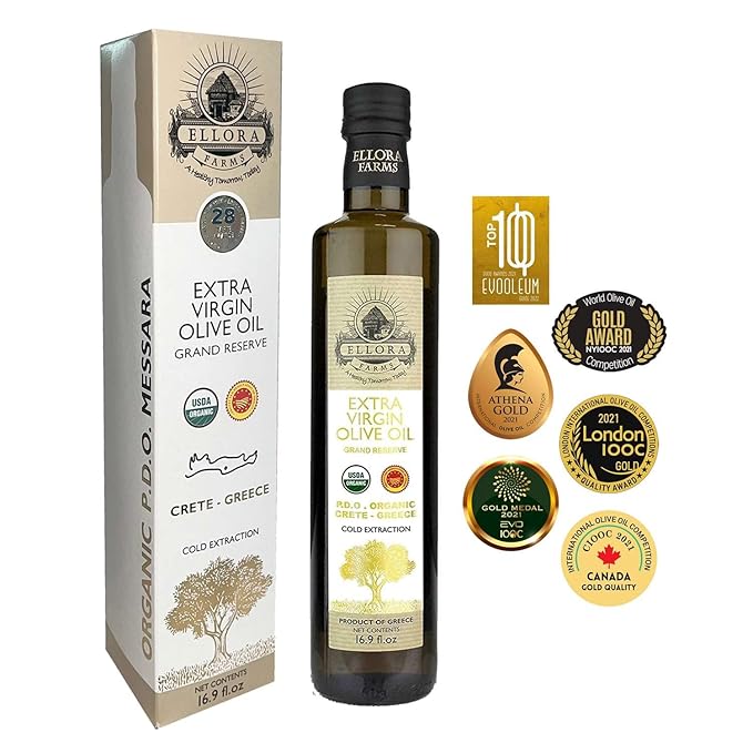 Ellora Farms, Organic Greek Extra Virgin Olive Oil, Single Estate PDO Messara, High Polyphenol, Traceable, Kosher, Glass Bottle in gift box, 17 FL oz