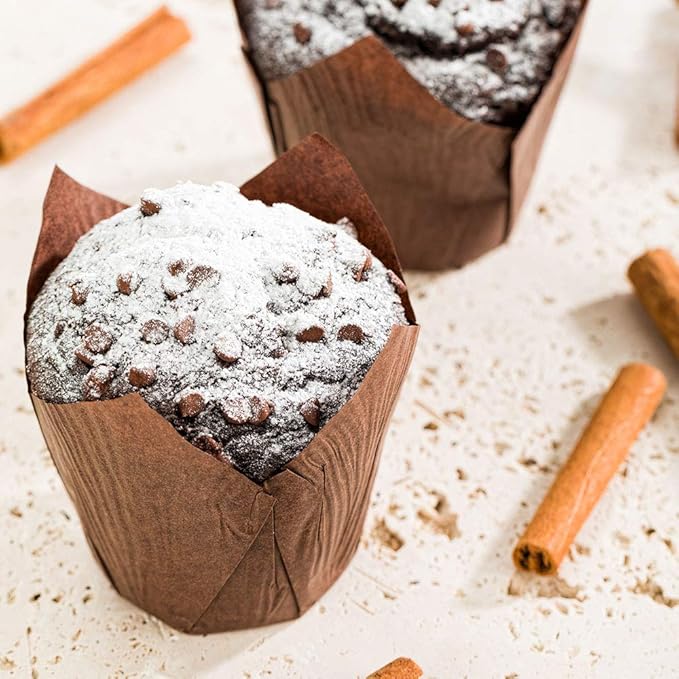 Restaurantware Panificio Premium 4 oz Brown Paper Tulip Baking Cup: Paper Baking Cups Perfect for Muffins Cupcakes or Mini Snacks - Greaseproof - Disposable and Recyclable - 200ct Box