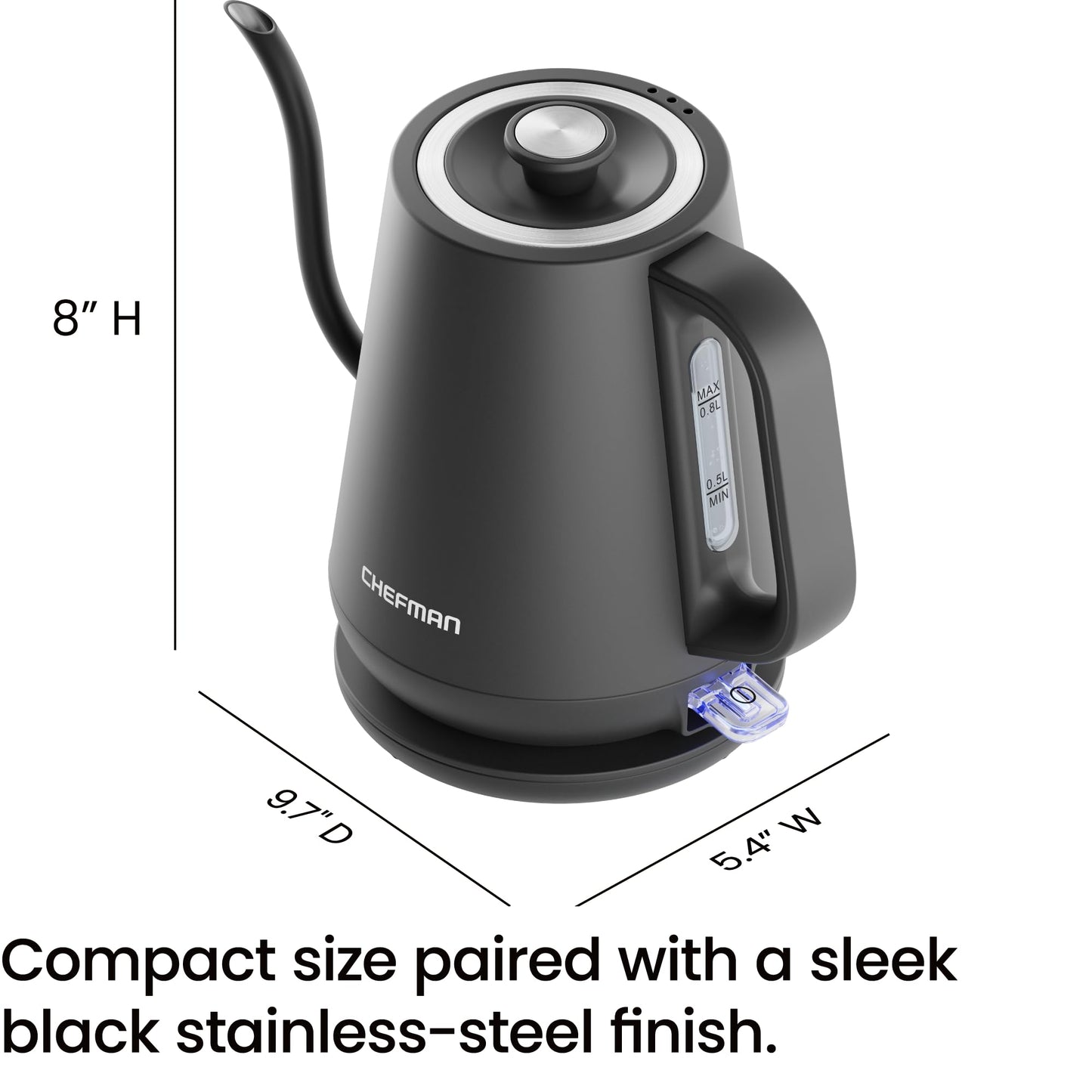 Chefman Gooseneck Electric Kettle, 0.8L Pour Over Tea Kettle for Coffee and Tea, One-Touch