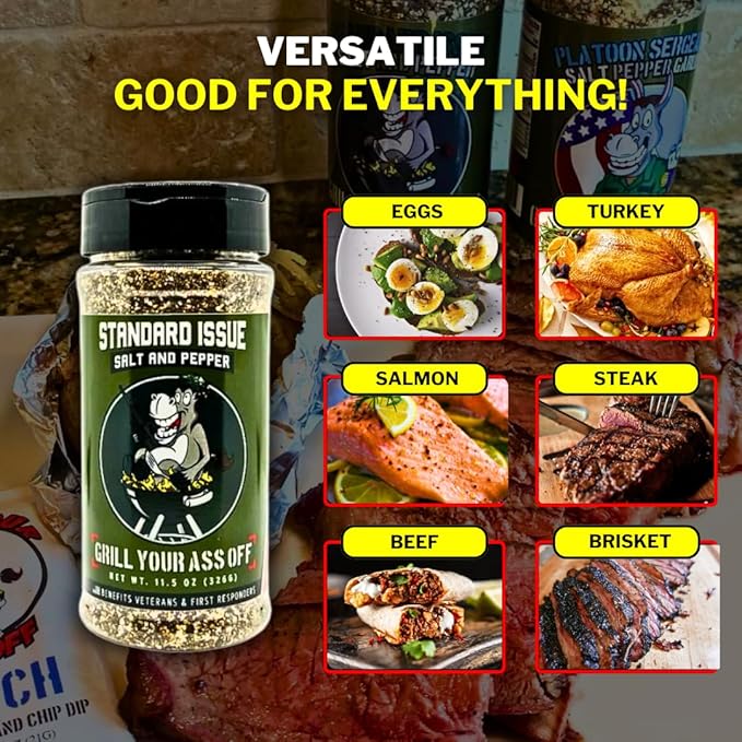 Standard Issue Salt & Pepper by Grill Your As Off - Premium Gourmet Black Pepper & Salt Great for Meat, Poultry, Seafood, Pasta, & Veggies - Use for Marinating - Veteran Owned - 11.5 Oz