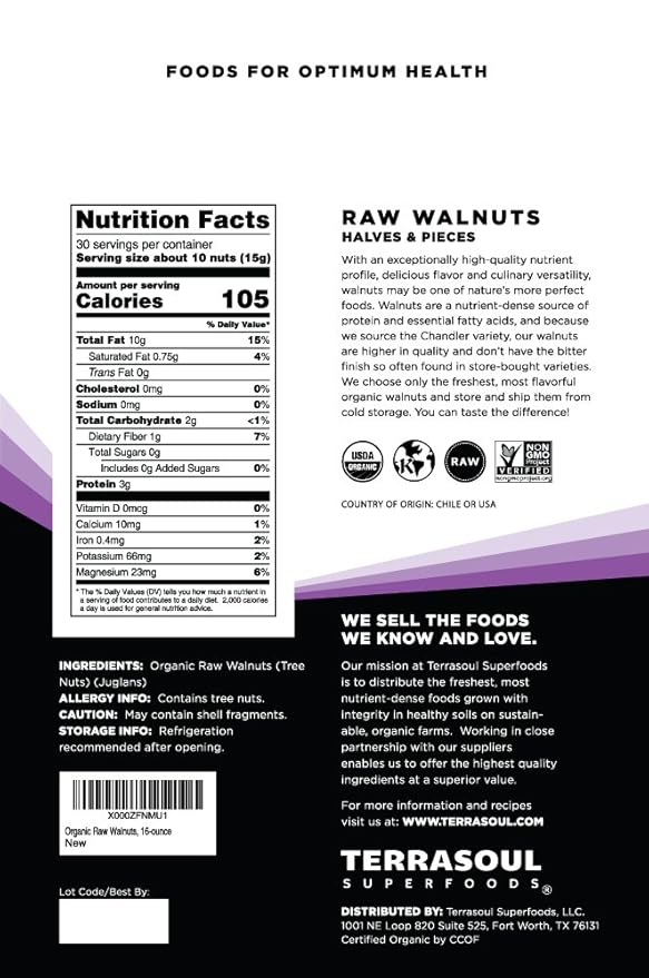 Terrasoul Superfoods Organic Raw Walnuts, 1 Lb (Pack of 3) - Chandler Variety | Fresh