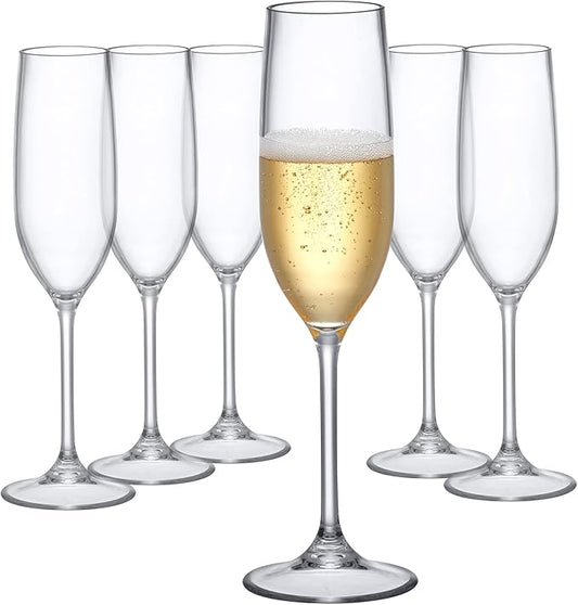 Amazing Abby - Crystal - 8-Ounce Unbreakable Tritan Champagne Flutes (Set of 6), Plastic Wine Glasses, Reusable, BPA-Free, Dishwasher-Safe, Perfect for Poolside, Outdoors, Camping, and More
