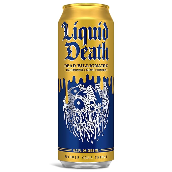 Liquid Death, Dead Billionaire Iced Tea, 8-Pack (19.2oz Cans), Half Lemonade Half Black Tea, Low Calorie, No Artificial Sweeteners, B12 & B6 Vitamins