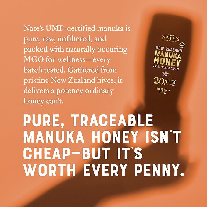 Nate's Pure Manuka Honey, Gold Edition | Sourced & Packed in New Zealand | MGO 830+ UMF Certified 20+ | 13.2 oz Squeeze Bottle
