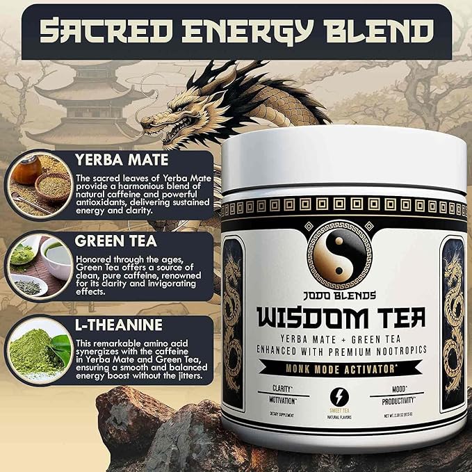 Yerba Mate Brain Tea Powder for Men - Daily Nootropic Drink for Clean Energy, Focus & Mood Support | Powered by Citicoline, L-Theanine, L-Tyrosine & Lion?™s Mane | Wisdom Tea - Sweet Tea - 30 Servings