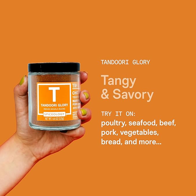 Spiceology - Tandoori Glory - Indian Masala Blend - Curry Spices and Seasonings - Use On: Chicken, Vegetables, Lamb, Marinades, Pork, Seafood, Nuts, Beef, Tofu - 4.4 oz