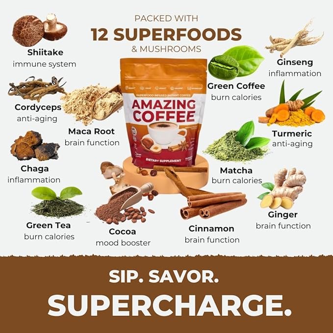 Superfoods Company |Amazing Coffee - Instant French Roast | Adaptogenic Mushrooms, Superfoods infused - Energy, Focus, Digestion, Immunity - 30 Servings - Cocoa Flavor