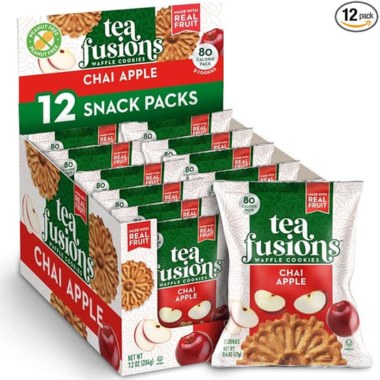 Reko Tea Fusions Waffle Cookies, Chai Apple - Individually Wrapped Single Serve Snack Packs - Thin Italian Pizzelles with No Artificial Flavors or Colors - 5 Cookies per Pack, Box of 12