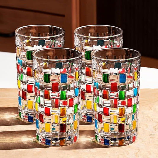 4 Pcs Christmas Colorful Glass Cups，Drinking Glassware Cocktail Glasses for Iced Coffee Juice Tea Beverage Milk Wine