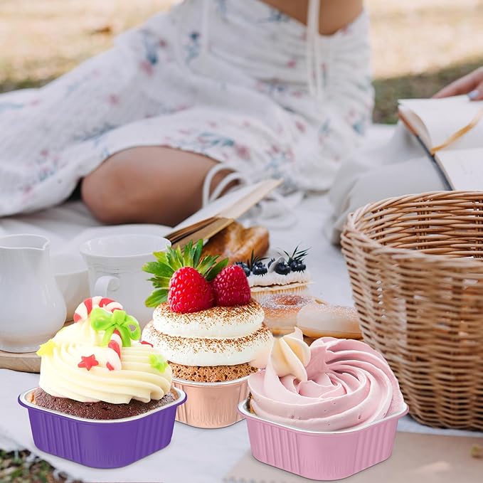 Aoriher 150 Pieces 10 oz Mini Cake Pans with Lids Aluminum Foil Baking Cups Square Disposable 4" x 4" Large Cupcake Cups Baking Tins for Kitchen Brownie Pudding Desserts Holders(Colored)