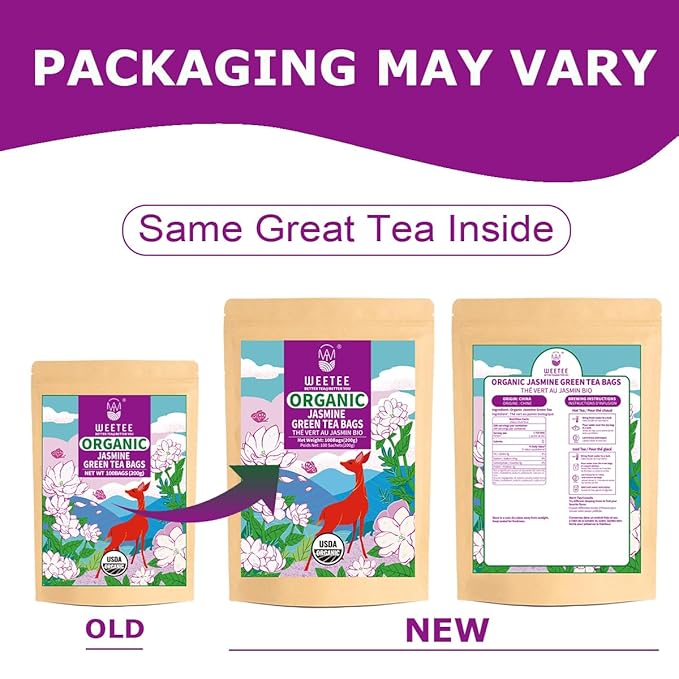 WT WEETEE Organic Jasmine Green Tea Bags, Organic Jasmine Scented Green Tea 100 Count, Refreshing & Relaxing, Coffee Alternative, No Artificial Flavors