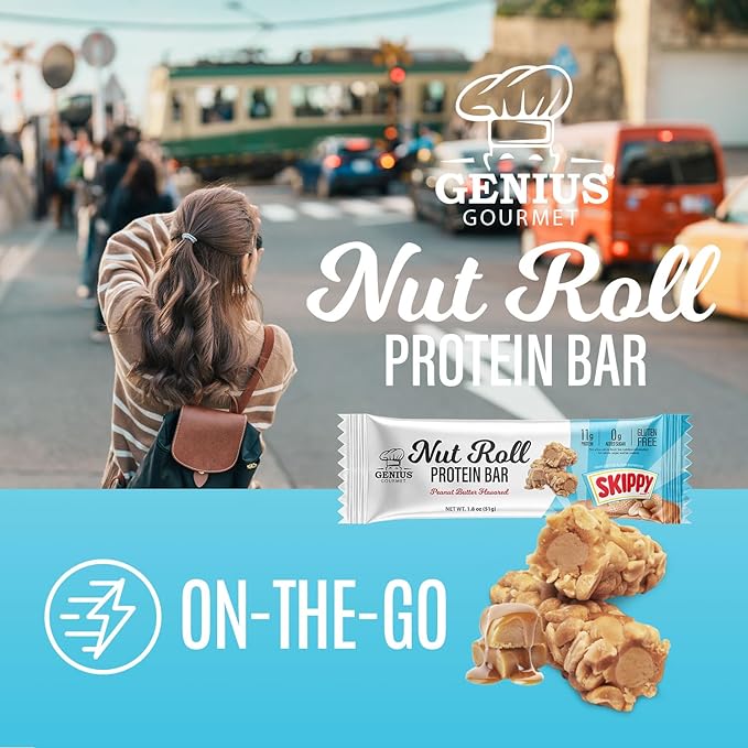 Genius Gourmet SKIPPY Peanut Butter Flavor Inspired Protein Nut Roll Bar,11g Protein per serving(18% DV), 0g Added Sugar, Carb Conscious Snack Bar, Gluten Free ??10 Count
