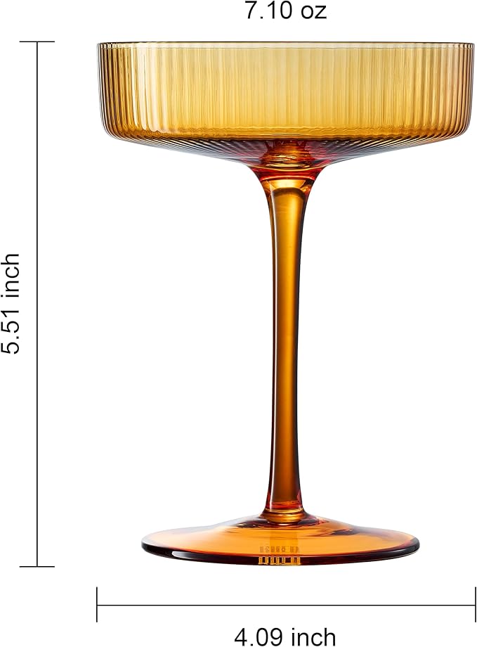 Khen Ribbed Vintage Art Deco Coupe Glasses - Martini, Champagne & Cocktail Ribbed Glasses 8oz | Cute Crystal Glassware Sets - Goblet Stemmed Ripple Glassware, Housewarming Glass Gifts, Amber, 2 Pieces