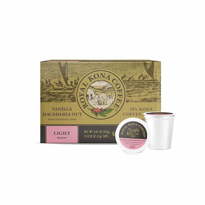 Royal Kona Vanilla Macadamia Flavored, 10% Kona Coffee Blend, Light-Roast Single-Serve Coffee Pods, Compatible with Keurig® Brewers, A Taste of Aloha - (12 Count Box)