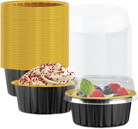 50 Pack Baking Cups with Lids, Aluminum Foil Cupcake Cups Muffin Liners, Disposable Foil Ramekins, Cupcake Holders Dessert Containers Mini Pudding Cups (Black Gold)