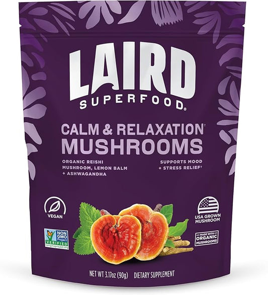 Laird Superfood Organic Calm and Relax Mushroom Blend with Reishi, Lemon Balm, and Ashwagandha