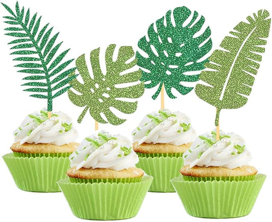 24Pcs Glitter Tropical Cupcake Toppers, Tropical Palm Leaves Cake Topper Aloha Decorations for Summer Luau Hawaiian Theme Baby Shower Birthday Party Supplies(Leaves A)