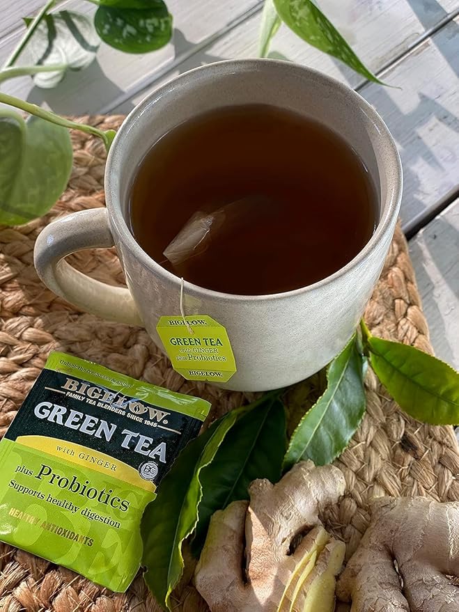 Bigelow Tea Green Tea with Ginger Plus Probiotics, Caffeinated Tea with Ginger, 18 Count Box, (Pack of 6), 108 Total Tea Bags