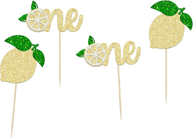 24Pcs Lemon One Cupcake Toppers Glitter Fruit Lemonade First Birthday Cupcake Picks for Lemon Theme Baby Shower 1st Birthday Party Cake Decorations Supplies