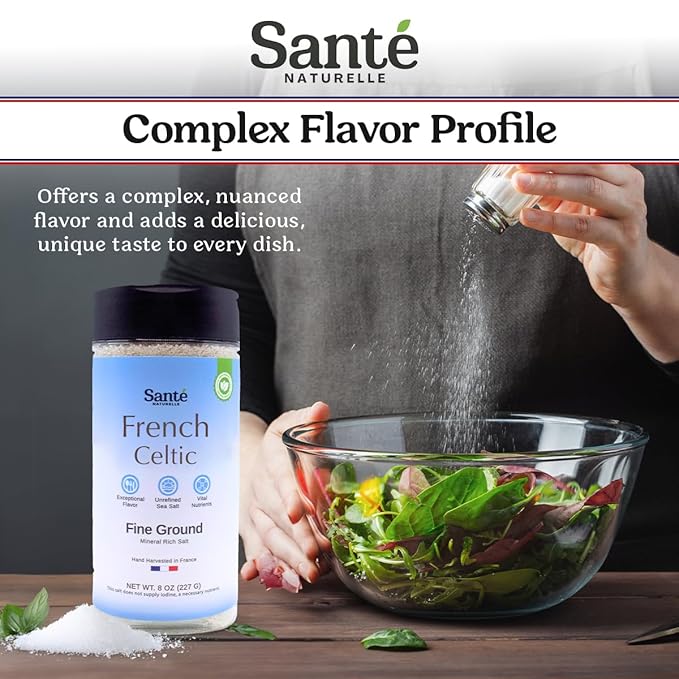 Sante French Fine Ground Sea Salt Shaker - 8 oz. Salt From the Celtic Sea, Unrefined French Sea Salt Organic, Rich in 82+ Minerals, 100% Natural & Hand Harvested