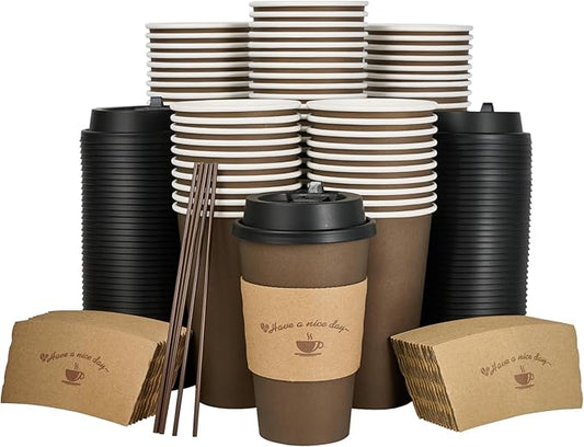 LITOPAK 100 Pack 16 oz Paper Coffee Cups, Brown Disposable Coffee Cups with Lids, Sleeves, Sticks, Drinking Cups for Hot Coffee, Water or Juice, Hot Paper Cups for Home, Restaurant, and Store