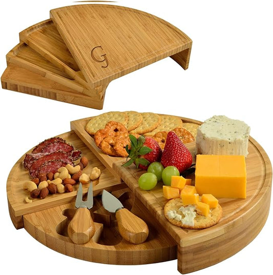 Picnic at Ascot Patented Personalized Monogrammed Engraved Bamboo Cheese/Charcuterie Board with Cheese Knives- Designed & Quality Checked in The USA