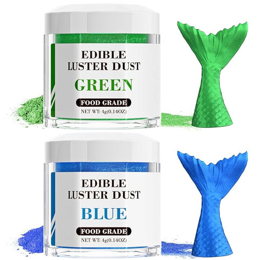 Luster Dust Edible Set - 2 Colors Food Grade Cake Dust Shimmer Powdered, Cherrysea Powder Food Coloring for Cocktails, Cookie Decorations, Cake, Drinks, Fondant, Candy - 4g/Bottle - Blue+Green