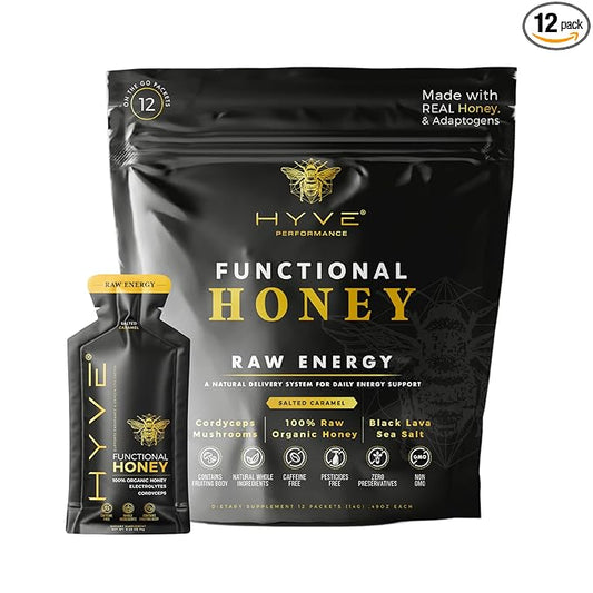 HYVE Functional Pre-workout Honey – Raw Energy Sachets with Organic Cordyceps Mushrooms, Black Lava Sea Salt & Organic Honey – Natural Energy Boost, Pack of 12, Salted Caramel