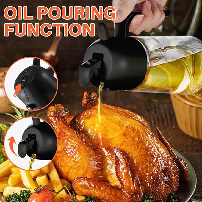 Oil Sprayer for Cooking 2 in 1, 470ml/16oz, Oil Spray & Dispenser Glass Bottle, Food-grade material for Kitchen, Salad Dressing, Frying, Air Fryer & BBQ (Black)