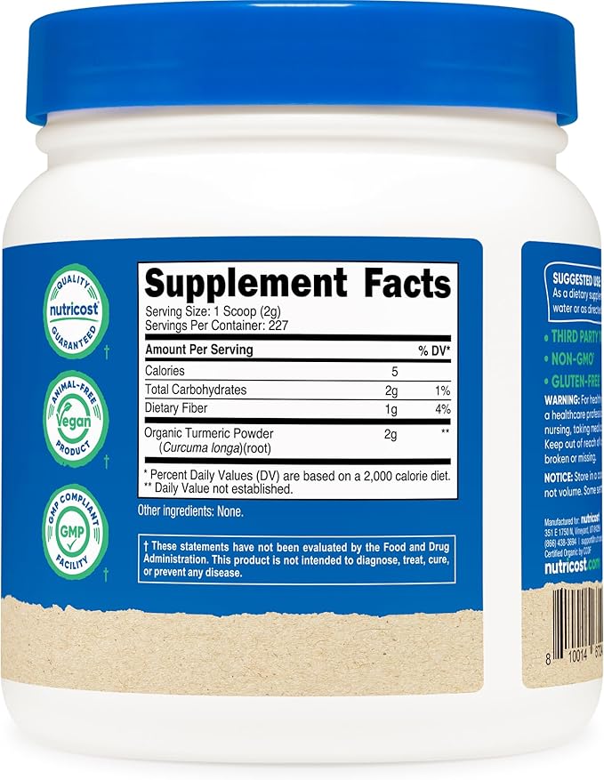 Nutricost Organic Turmeric Root Powder 1 LB (16oz) - Certified USDA Organic, Food Grade, Gluten Free, Non-GMO