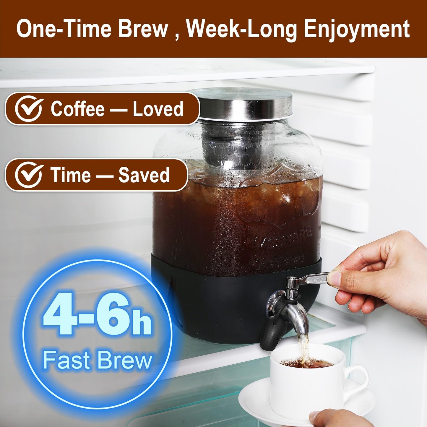 Cold Brew Coffee Maker, 1 Gallon Iced Coffee Maker With Stainless Steel Filter, Heavy Duty Glass