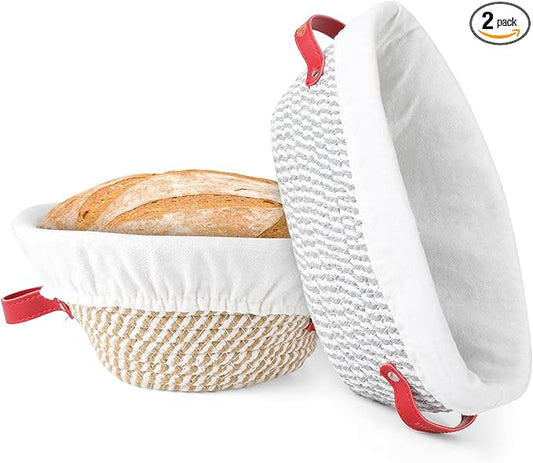 2 Pcs Banneton Bread Proofing Basket, 9 10 Inches Round & Oval Sourdough Bread Baking Supplies Cotton Rope Proofing Bowls with Liners, Sourdough Proofing Basket Gifts for Bakers