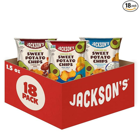 Jackson???Sweet Potato Kettle Chips Avocado Oil Variety Pack made with Premium Oils (1.5 oz, Pack of 18) Sea Salt, Ranch, and BBQ Flavors - Allergen-friendly, Gluten Free, Vegan