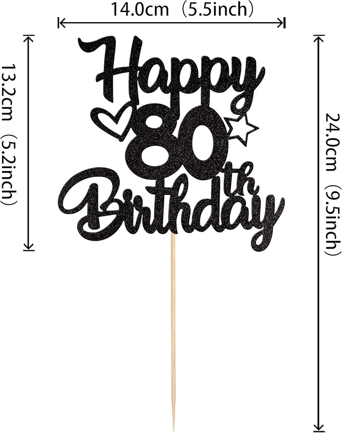1 Pack Happy 80th Birthday Cake Topper Glitter Heart Star 80 Fabulous Cake Pick Birthday Sign Cake Decorations for 80th Birthday Theme Party Supplies Black