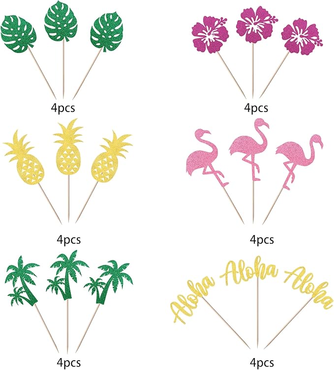 24 Pack Tropical Cupcake Toppers Aloha Luau Cupcake Picks Glitter Flamingo Plam Leaves Pineapple Cupcake Decorations for Summer Baby Shower Birthday Wedding Party Cake Supplies