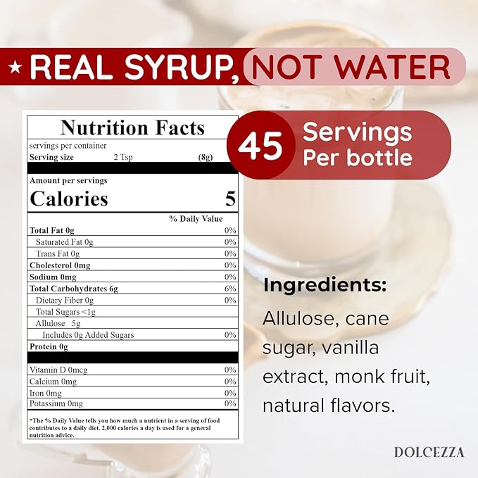 Dolcezza Vanilla Allulose Syrup, All Natural Low Sugar Sweetener for Coffee, Mixed Drinks and Baking. Keto Friendly, Monkfruit Blend, No Artificial Sweeteners, No Stevia Aftertaste. – 12 oz (12 fl oz, Vanilla)