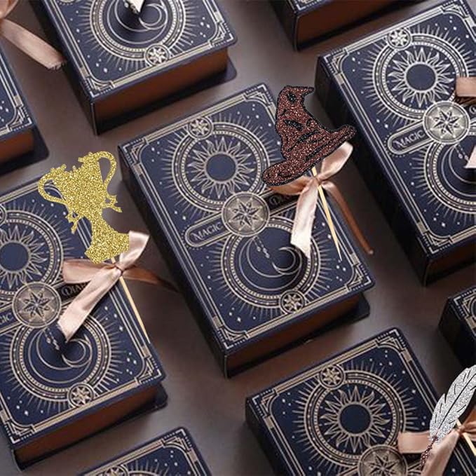 24 Pcs Black Magical Wizard Cupcake Toppers Gold Wizard Hat Flying Broomstick Cupcake Picks Magical School Theme Birthday Halloween Cake Decorations Party Supplies
