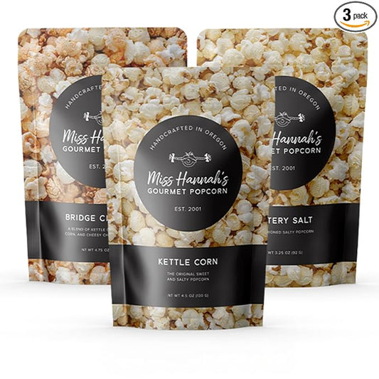 Miss Hannah's Gourmet Popcorn Movie Night Bundle - Bridge City Mix, Buttery Salt & Kettle Corn - Non-GMO, Sweet & Savory Snack Box for Gifting or Sharing - 3 Pack Artisan Popcorn Gift Set