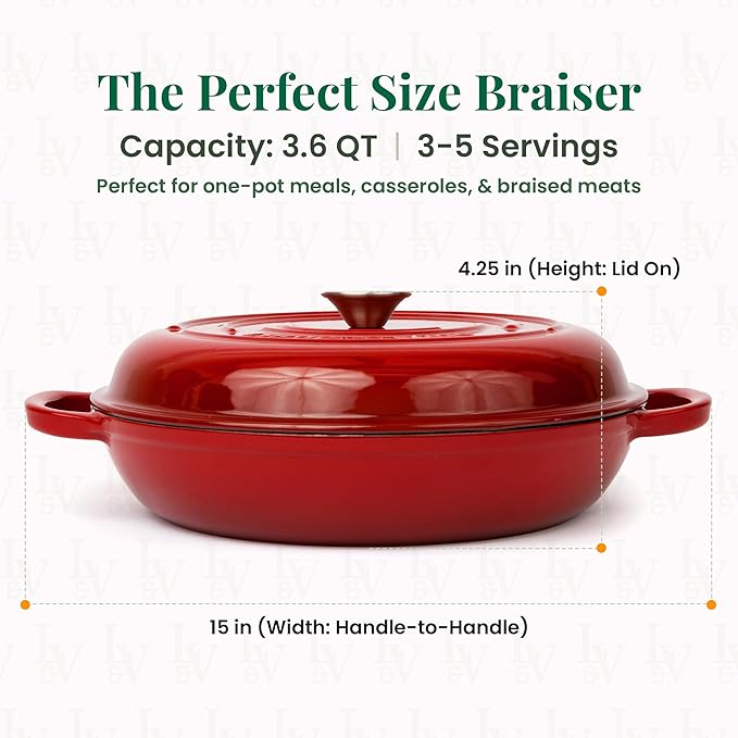 Larder & Vine Enameled Cast Iron Braiser | 3.6 qt Braiser Pan with Lid | Shallow Dutch Oven Compatible on All Cooktops | Casserole Dish Oven Safe to 500ì§?F | Dual Handles | Cabernet