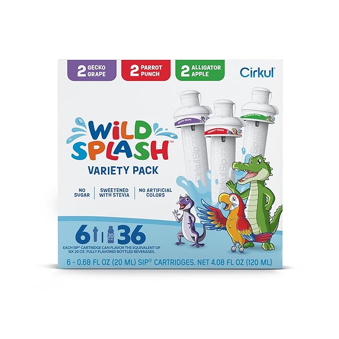 Cirkul Wild Splash Flavor Cartridge Variety Pack with Stevia, 6-Pack (2 Parrot Punch, 2 Alligator Apple, 2 Gecko Grape), No Sugar, Zero Calorie Drink Mix