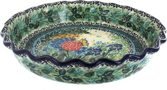 Blue Rose Polish Pottery - Blue Teresa Pie Plate - 10" Diameter - Ceramic Baking Dish, For Pies, Quiches & Desserts