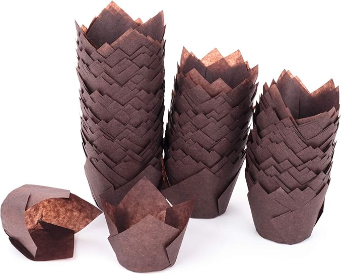 GOLDEN APPLE, 200 Pcs Tulip Cupcake Liner Baking Cup Muffin Tins Cups for Weddings, Birthdays, Baby Showers (Small, Brown)